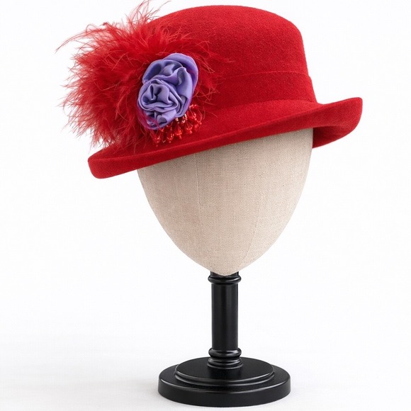 Vintage 100% Wool Red & Purple Feather & Satin Bow Derby Tea Party Hat - Picture 2 of 10